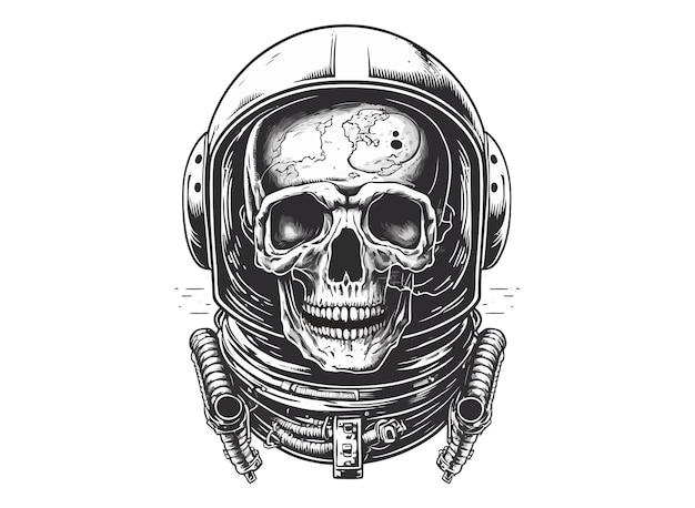 Vector skull in space helmet, poster design concept of a dead astronaut in space sketch engraving