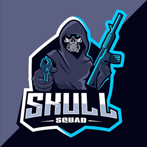 Skull squad with gun mascot esport logo design