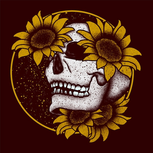 Skull and the sunflower with hand drawing style