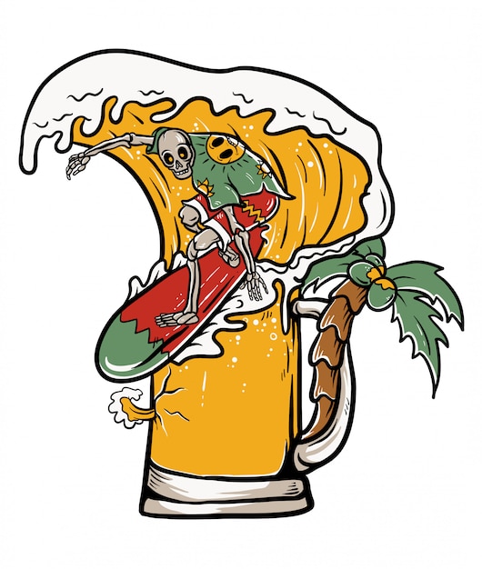 Skull surfing on beer wave illustration