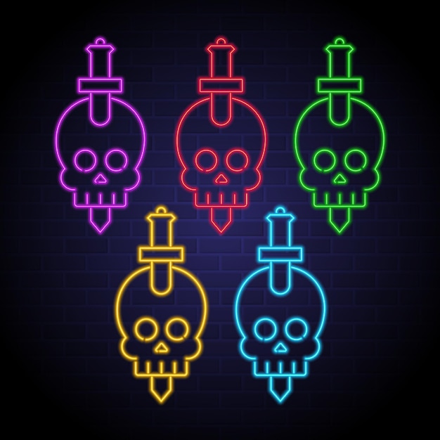 Skull and sword icon set with neon light element