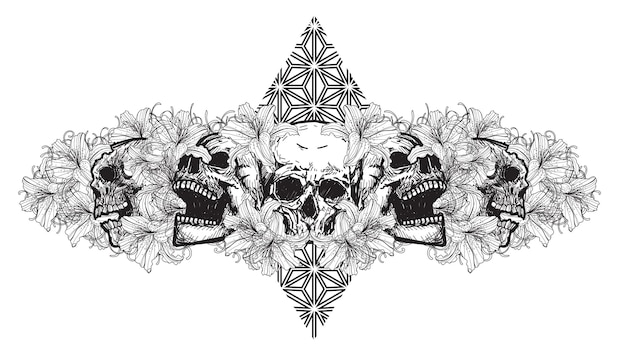 Skull tattoo art with flowers drawing sketch black and white