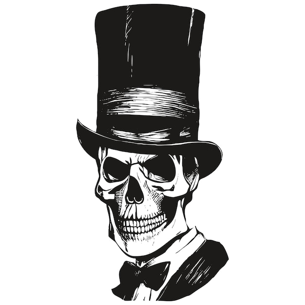 Skull in top hat image vector hand drawn black and white clip art