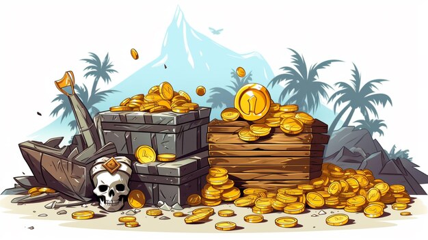 Vector a skull and a treasure chest with gold coins in front of a mountain