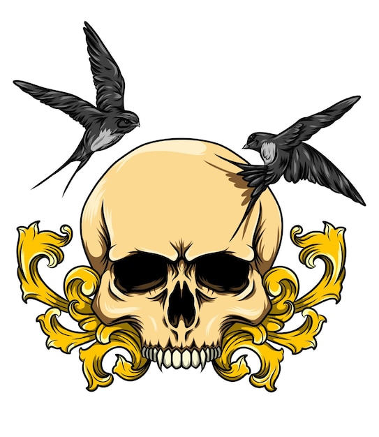 Skull and two birds with baroque style decorations of illustration