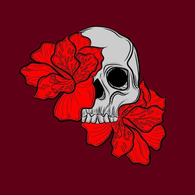 Skull Vector Design with two red flowers