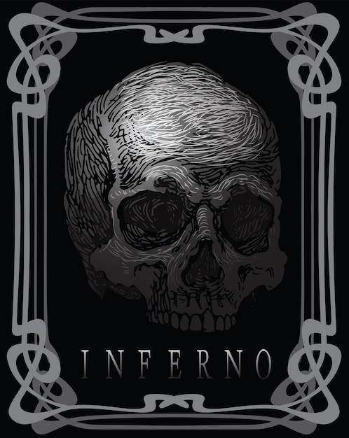 skull in a vintage niche with an inferno inscription in the style of medieval book graphics engravin