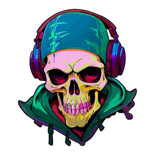 A skull wearing headphones and a cap cartoon style sticker illustration