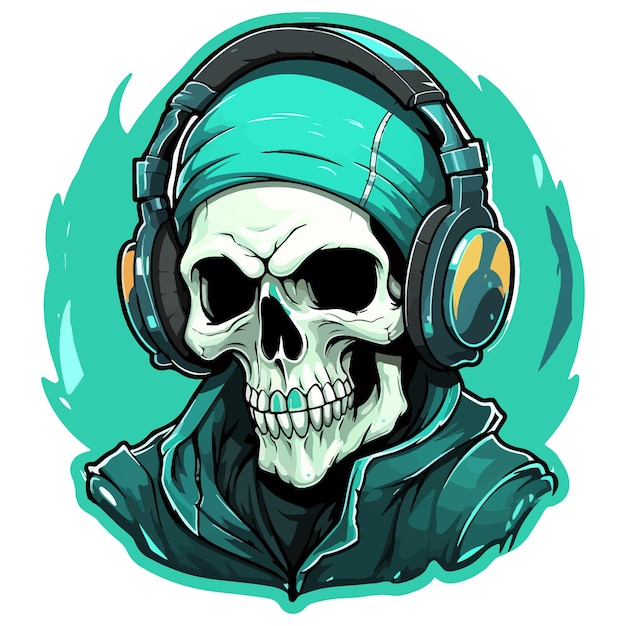 A skull wearing headphones and a cap cartoon style sticker illustration