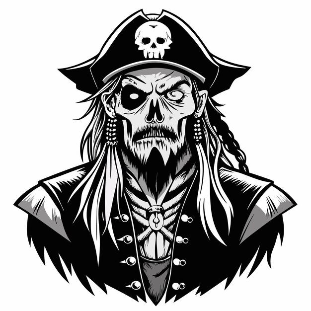 A skull wearing a pirate hat and beard