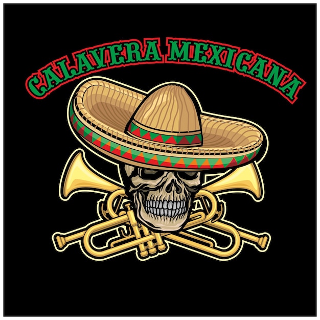 A skull wearing a sombrero hat is playing a trumpet.