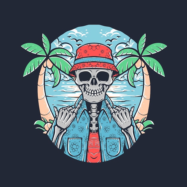 Skull wearing summer clothing on beach