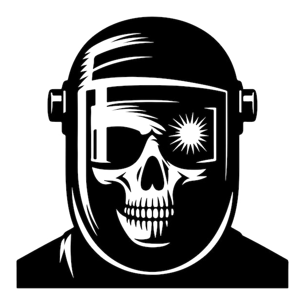 Vector skull in welding helmet with american flag background black and white illustration