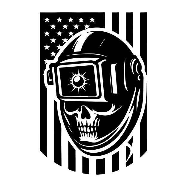 Vector skull in welding helmet with american flag background black and white illustration