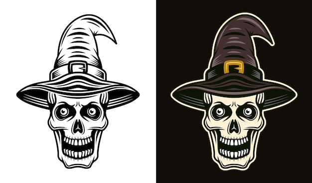 Skull in witch hat in two styles black on white and colorful on dark background vector illustration