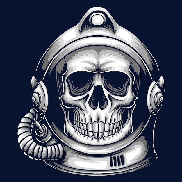 Skull with astronaut helmet cartoon illustration on dark blue background