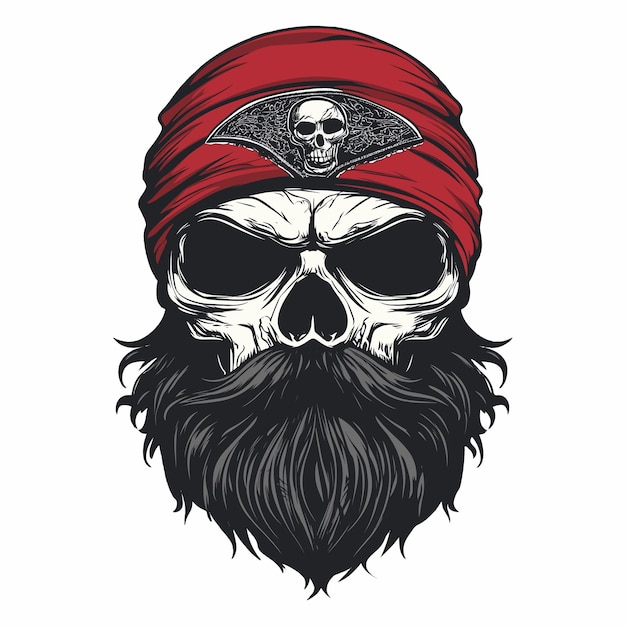 Vector skull with bandana and beard vector illustration in black on white background