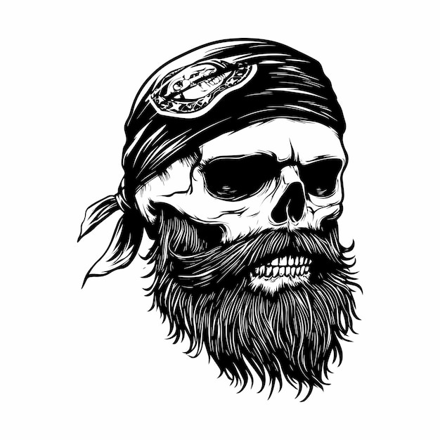 Vector skull with bandana and beard vector illustration in black on white background