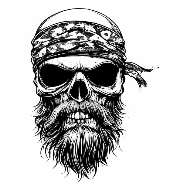 Vector skull with bandana and beard vector illustration in black on white background