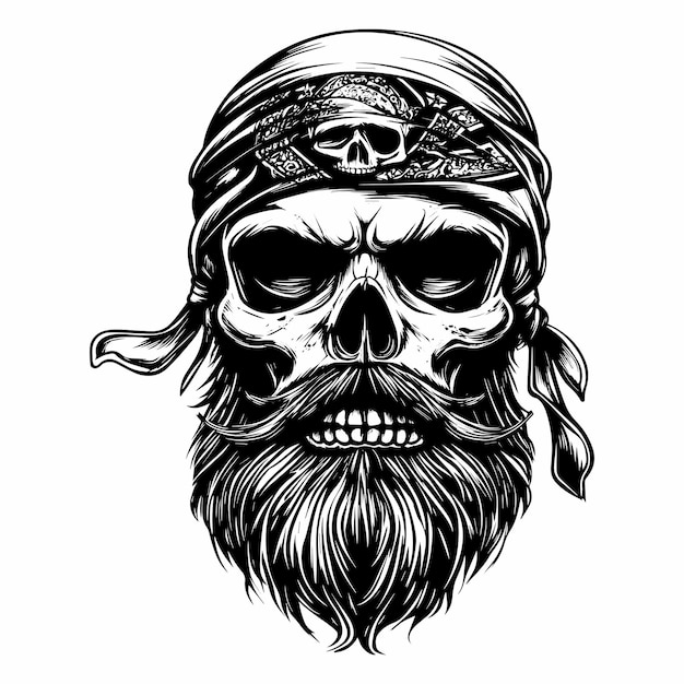 Vector skull with bandana and beard vector illustration in black on white background