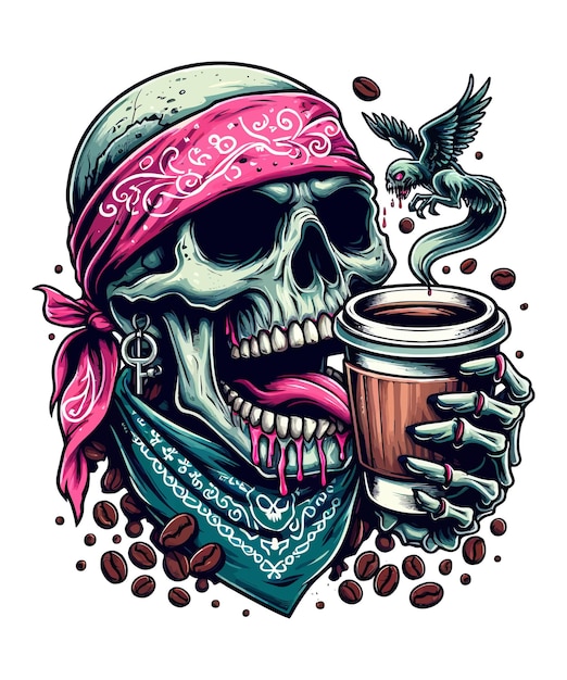 a skull with a bandana and a cup of coffee