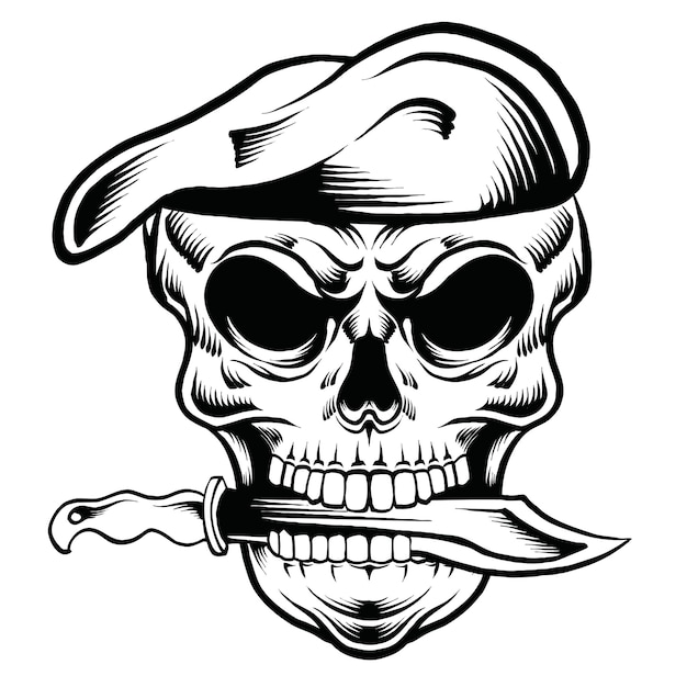 A skull with a beret on his head and a sword in his mouth.