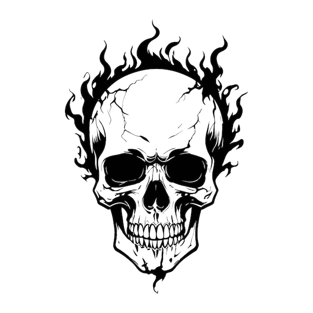 a skull with a black face and a fire symbol on it