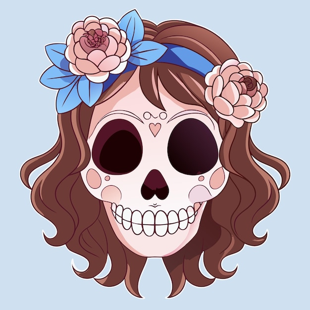 a skull with a blue flower in the hair and a skull with flowers in the hair