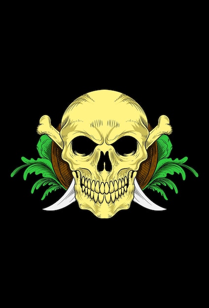 Skull with bone blade and leaf ornament vector illustration