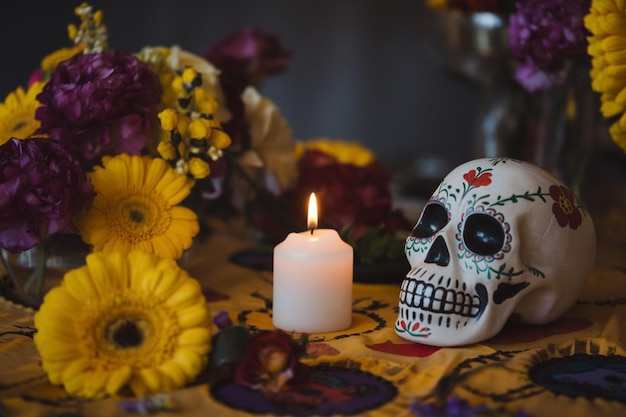 Vector skull with candle and flower for dia de muertos