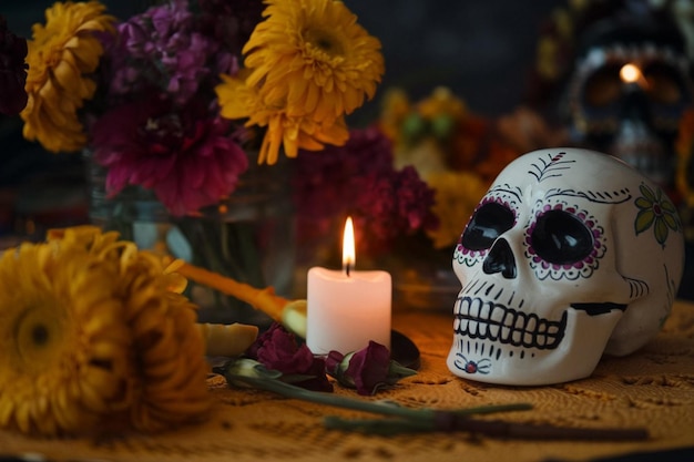 Vector skull with candle and flower for dia de muertos