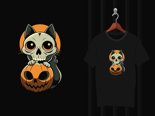 skull with a cat and pumpkin t shirt design artwork