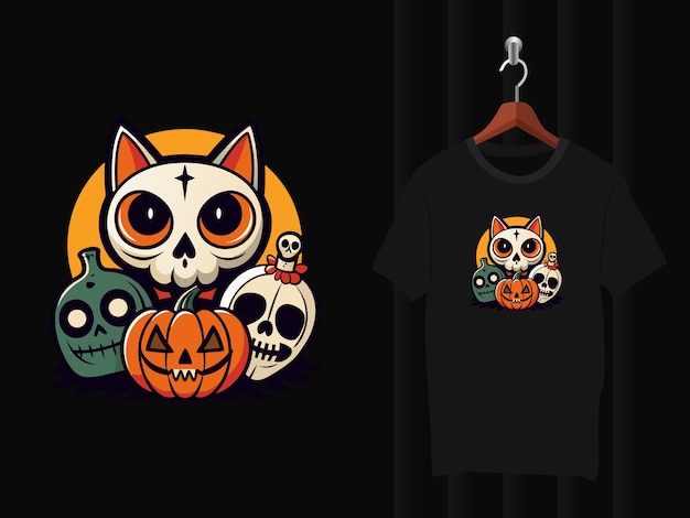 skull with a cat and pumpkin t shirt design artwork