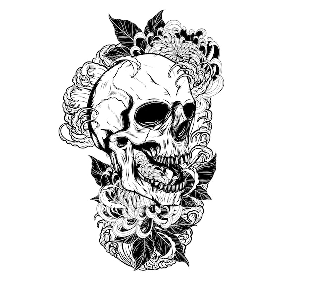 Skull with chrysanthemum tattoo by hand drawing