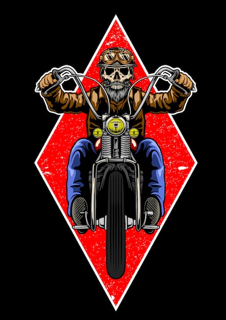 Skull with classic helmet and beard riding motorcycle