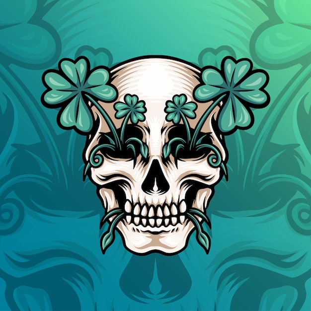 Skull with Clover Leaf Illustration Vector Premium