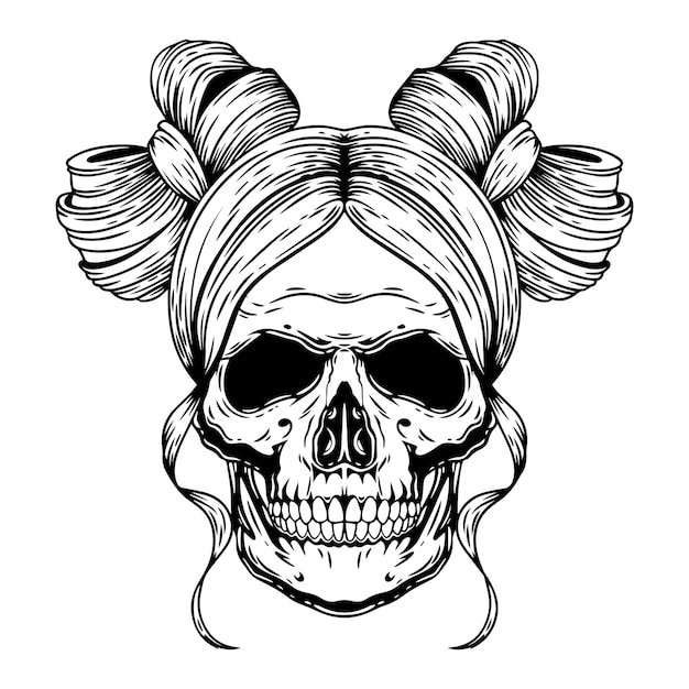 The skull with a female hairstyle with bows.