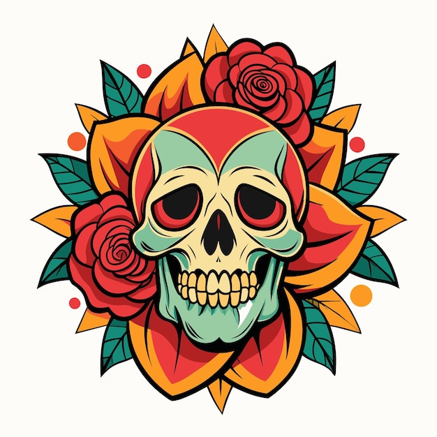 Skull with floral pattern Tattoo design Vector illustration