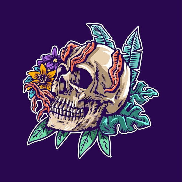 Skull With Flower Cartoon Illustration