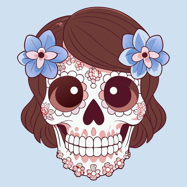 a skull with a flower in the hair and a blue background