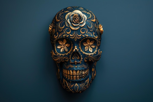 Vector a skull with a flower on it is on a blue wall