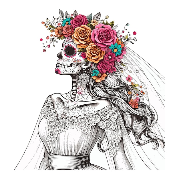 Vector skull with flowers beautiful skeleton bride adorned for the day of the dead celebration