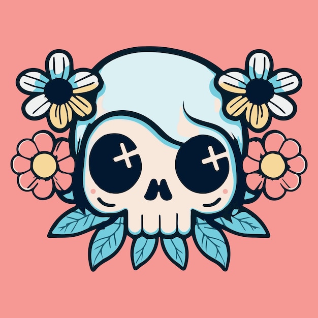 Skull with flowers cartoon vector illustration Beautiful retro vintage graphic design skeleton