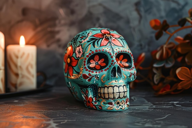 Vector a skull with flowers on it sits next to a candle