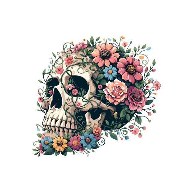 Vector a skull with flowers and a skull with a floral pattern skull transformed into a beautiful flowerbed