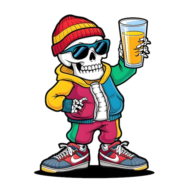 a skull with a hat and sunglasses holding a glass of beer