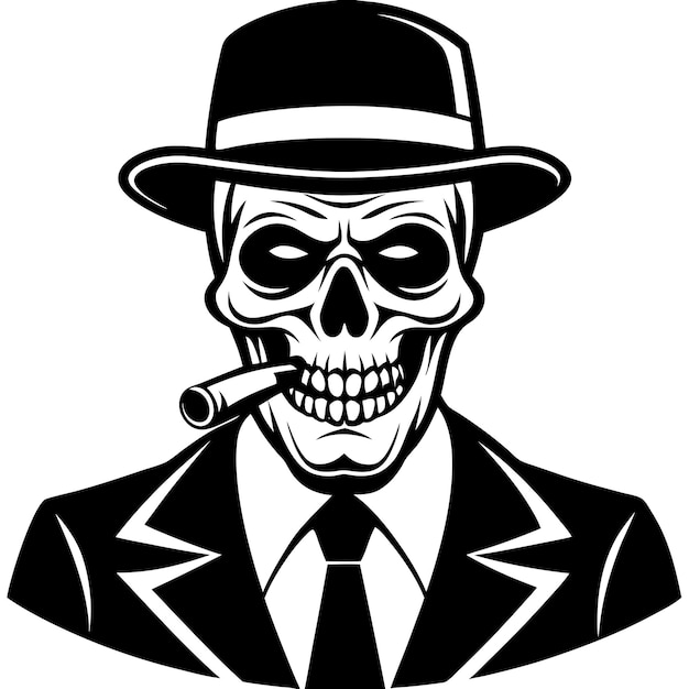 a skull with a hat and tie and a skull with a cigarette in it