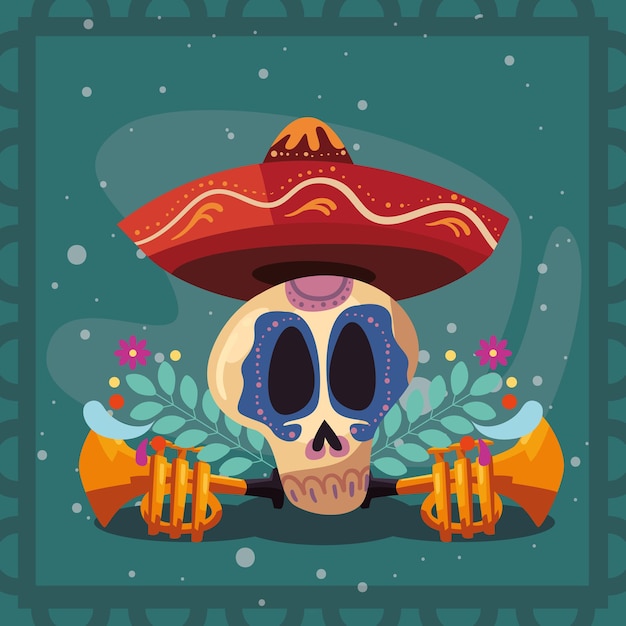 Skull with hat and trumpets