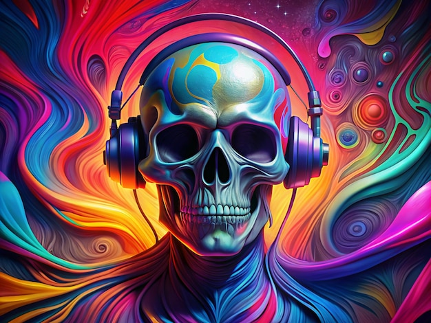 Skull with Headphones on a Psychedelic Background