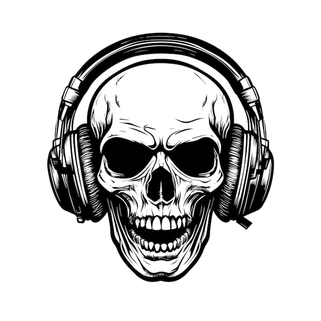 Vector skull with headphones vector illustration in black and white on solid background 1